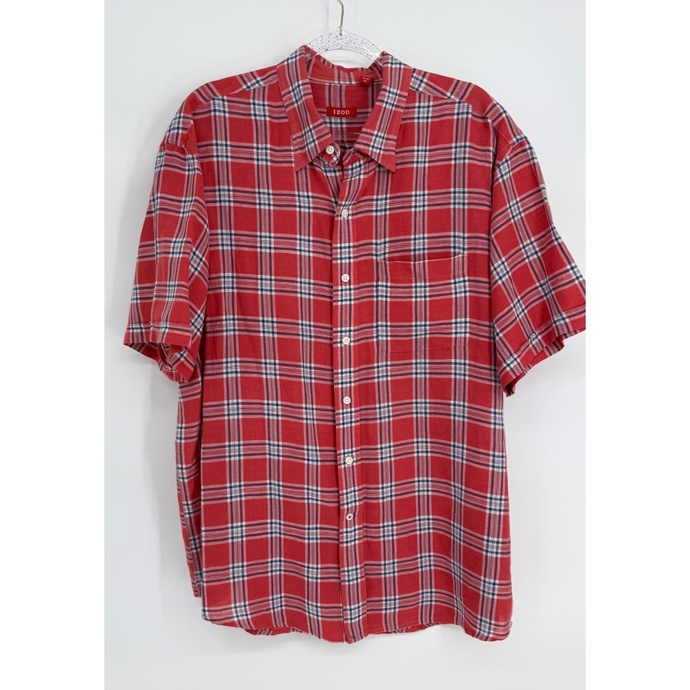 IZOD Mens Sz XL Red Plaid Short Sleeve Linen Cotton Blend Button Up Shirt Pocket